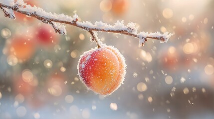 Single ripe apricot peach plum covered with white snow frost hanging on a frozen branch in a bright winter garden with golden bokeh and glittering snowflakes