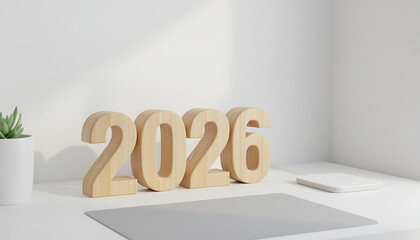 Stylish 2026 wooden numbers on a modern white desk with succulent decor