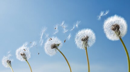 Obraz premium anemometer. Dandelion seeds floating in the wind against a clear blue sky. gardening catalogs, home-decor guides, designed for home decor and floral branding, promotes healthy living.