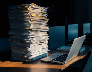 Stack of papers next to a laptop on a desk in an office.