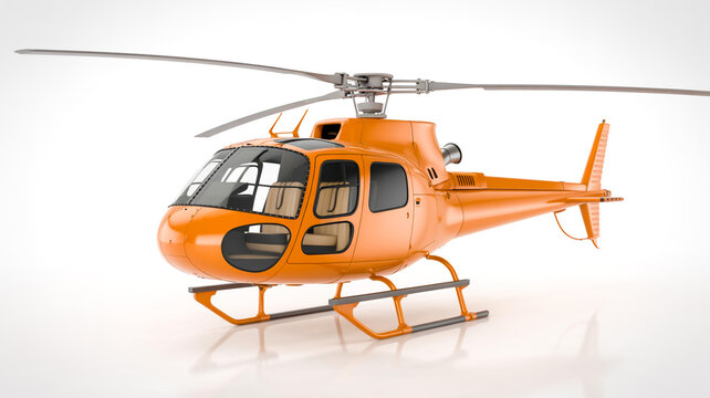 A photorealistic 3D render of an orange AS350 helicopter on a white background