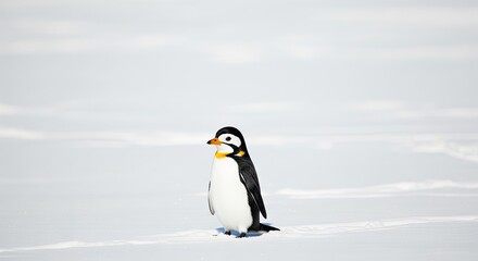 Obraz premium A penguin standing on a snowy landscape with a white background.