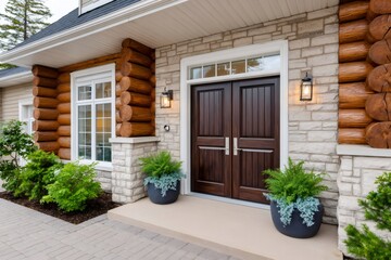 Modern log cabin home stone and wood exterior entrance