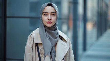 Young woman in a hijab and trench coat standing on a modern city street