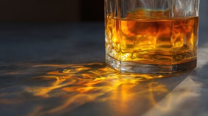 schnapps. Golden schnapps liquid in a crystal glass, light refraction on a dark surface, minimalist style. bar promotions, beverage menus, designed for product packaging and bar promotions.