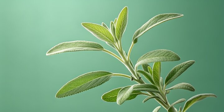 Fresh sage herb growing against serene green backdrop, perfect for culinary or wellness designs and promoting healthy living
