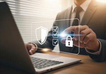 Businessman interacting with digital security and data protection interface
