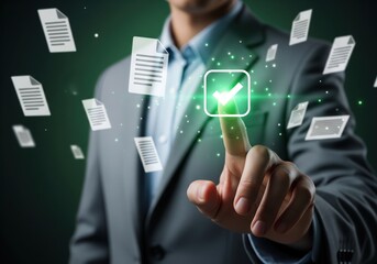 Businessman approves digital document with glowing checkmark