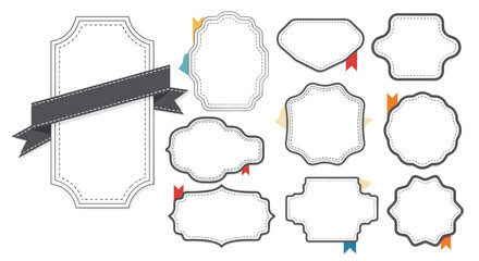 Collection of various vintage blank labels and frames with stitched borders and colorful ribbons for product packaging design.jpg