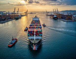 Container ship entering a port at sunset with tugboats assisting.