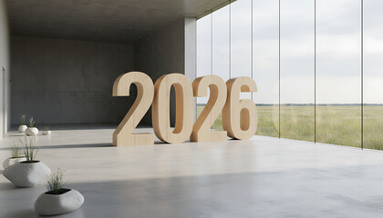 Modern interior with large wooden 2026 year numerals overlooking meadow landscape