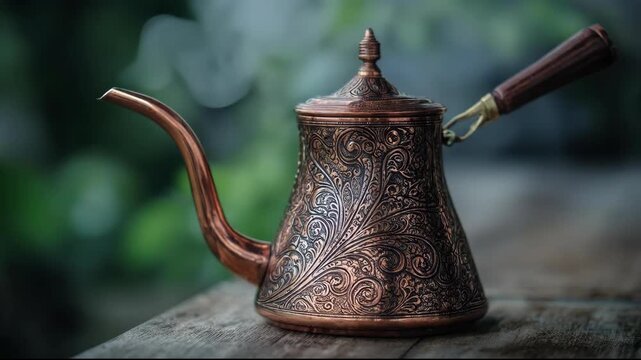 Close-up of a copper coffee pot with intricate floral designs on a wooden surface outdoors.