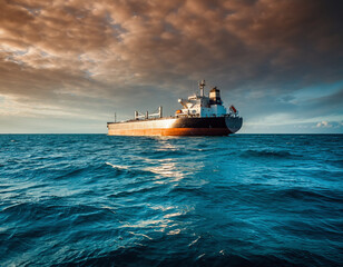 Cargo ship sailing on the ocean under a dramatic sky at sunset.