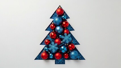 Festive Christmas Tree Shape Filled with Red and Blue Ornaments and Snowflakes