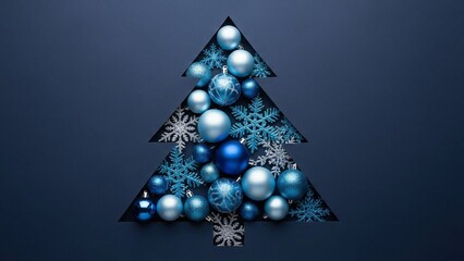 Festive Christmas Tree Shape Filled With Blue Ornaments and Snowflakes on Dark Blue
