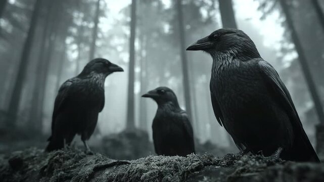 Mysterious ravens in foggy forest.