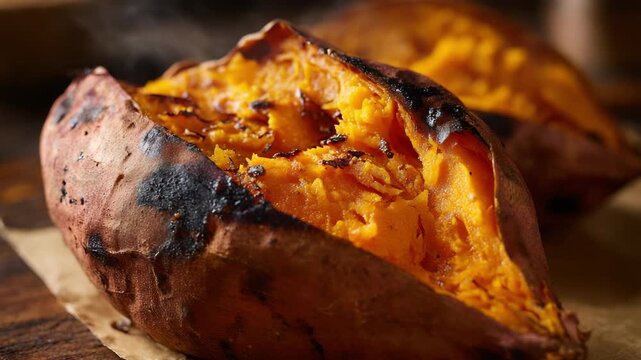 Roasted sweet potato is split open to reveal its golden.