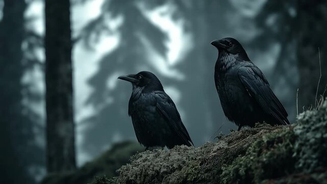 Mysterious ravens in foggy forest.