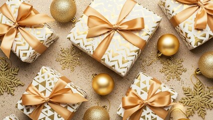 Festive Gold Christmas Presents with Ornaments and Snowflakes, Holiday Season Celebration
