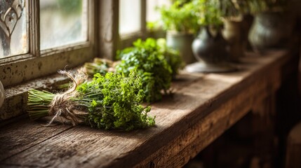 lovage. Rustic kitchen windowsill with bundles of drying lovage herbs on a wooden surface in soft afternoon light. menu design.