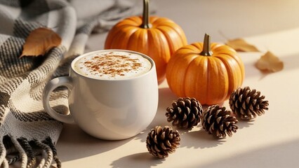 Cozy Autumn Still Life: Warm Drink, Pumpkins, Pinecones, and a Plaid Blanket