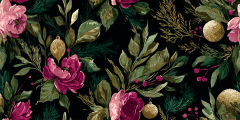 Fototapeta premium A dramatic and festive seamless pattern combining deep magenta peonies, pine foliage, winter berries, and sparkling gold glitter balls on a dark green background, excellent for holiday fabrics.
