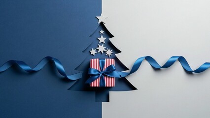 Festive Christmas Tree Silhouette with Gift Box and Blue Ribbon on Split Background