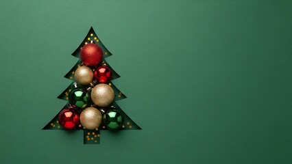 Festive Christmas Tree Shape Cutout with Ornaments and Glitter on Green Background