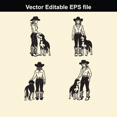 collection of four vector illustrations depicting cowgirls or female ranch workers standing next to their loyal dogs, presented in a clean, editable eps file format
