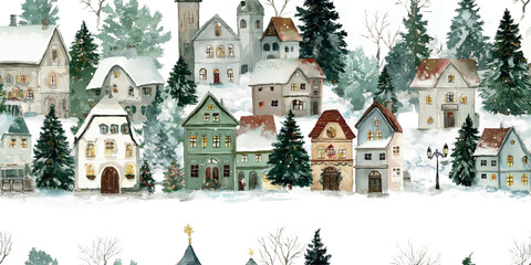 A beautiful watercolor seamless pattern border of a snowy European village with cozy, decorated houses and festive pine trees, perfect for holiday banners, textiles, and packaging trims.
