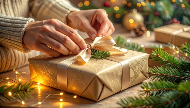 christmas gift wrapping ribbon hands closeup craft festive paper pine detail cozy glow warm lights handmade package seasonal texture holiday preparation decorative scene intimate mood creativity