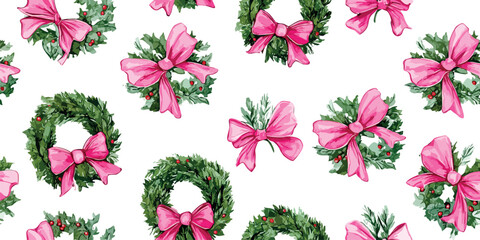 A sweet and feminine watercolor seamless pattern featuring traditional Christmas wreaths with holly berries and large, bright pink satin bows, great for holiday stationery and fabrics.