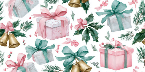 A charming watercolor seamless pattern of gift boxes with pink and mint bows, gold bells, and holly, ideal for feminine packaging, holiday stationery, and fabrics.