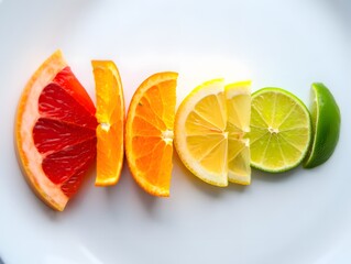 Colorful vibrant citrus fruit slices of grapefruit, orange, lemon, and lime arranged freshly cut