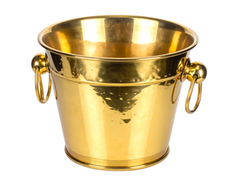 Shiny golden metal bucket with handles.