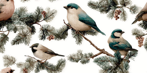 Naklejka premium An elegant seamless pattern of winter birds perched on delicate pine branches with cones on a soft, light background, ideal for sophisticated fabrics and nature-themed stationery.