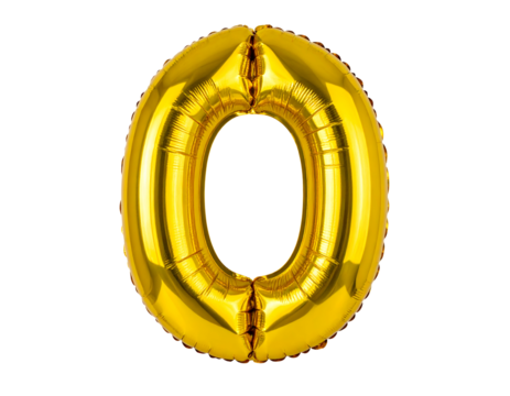Shiny gold foil balloon shaped like zero.