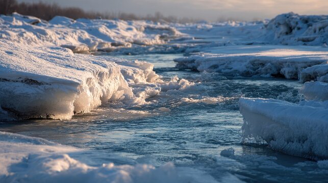 verglas. Landscape of a melting river breaking through ice in morning light. travel magazines, destination branding, designed for outdoor magazines and nature guides, drives exploration.