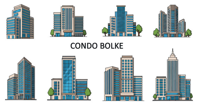 Cartoon-style modern condominium buildings set with various architectural designs.