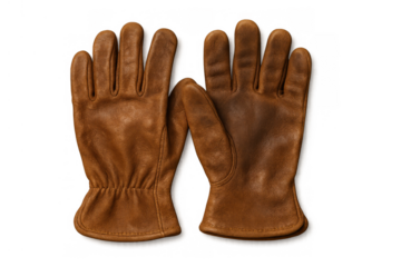 Brown leather work gloves pair, providing protection and durability, isolated on transparent background