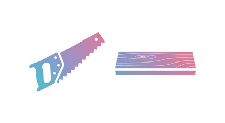 Colorful Hand Saw and Wooden Plank Icon.