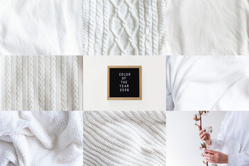 White color collage showcasing various textures and fabrics with cotton in hand. Trendy color of 2026 year © Алина Бузунова