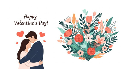 Romantic couple embracing near floral bouquet for Valentine's Day wishes, expressing love and affection with heart symbols and stylish design elements