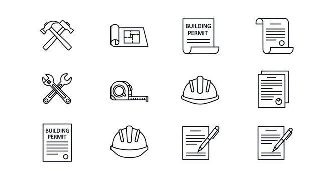 A set of hand-drawn line art icons for construction building permits and engineering.