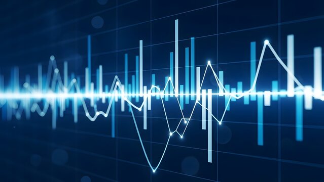 Abstract blue sound wave visualization for technology science and data analysis concepts with dynamic lines and patterns