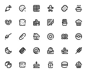 Food_9101 icon set. Vector illustration. Pastry, Cooie, Waffle, Gingerbread, Bscuit, Pie, Bread, Pancake Sandwich, Chocolate, Muffn, Donut, Croissant, Cake,Macaron and more.