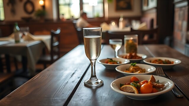 ouzo. Traditional Greek taverna setting with ouzo glass and meze on wooden table. lifestyle magazines, social media lookbooks, designed for influencer and brand collaborations, drives engagement.