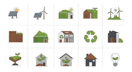 Colorful Flat Vector Icons: Eco-Friendly Energy Sustainable Living and Recycling Concepts.