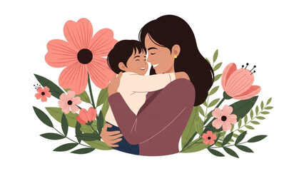Celebrate Mother's Day with a loving embrace between mother and child surrounded by beautiful flowers, conveying warmth, family, and heartfelt emotions
