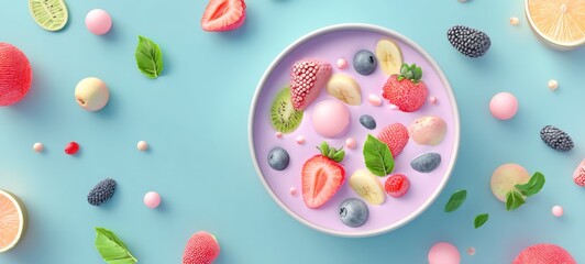 Smoothie bowl with fresh fruits, mint, and pastel accents, bright sporty lighting, dynamic playful composition, energetic wellness vibe, modern healthy breakfast, top-down food photography